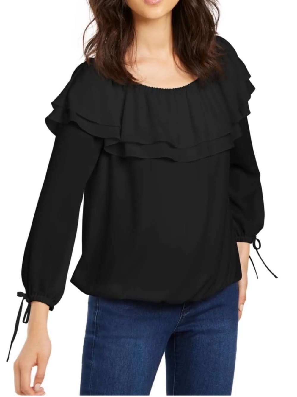 MICHAEL Michael Kors Black Layered Ruffle Off Shoulder Long Sleeve Top Size XS